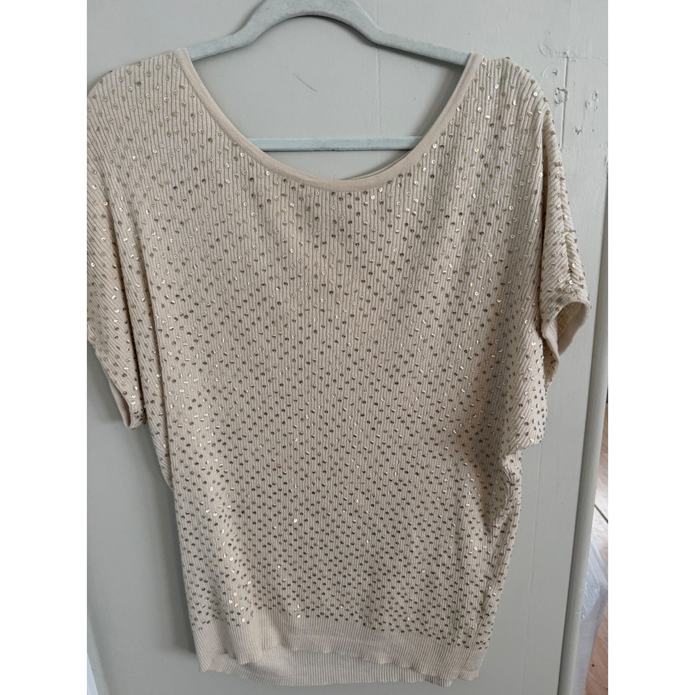 Haute Hippie Silk Cashmere Blend Sequin Knit Top Ivory Gold Short Sleeve Medium